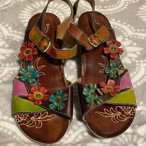 Spring Step Belladonna Colorful Leather Flower Wedge Sandals, EUC, EU40, US 9